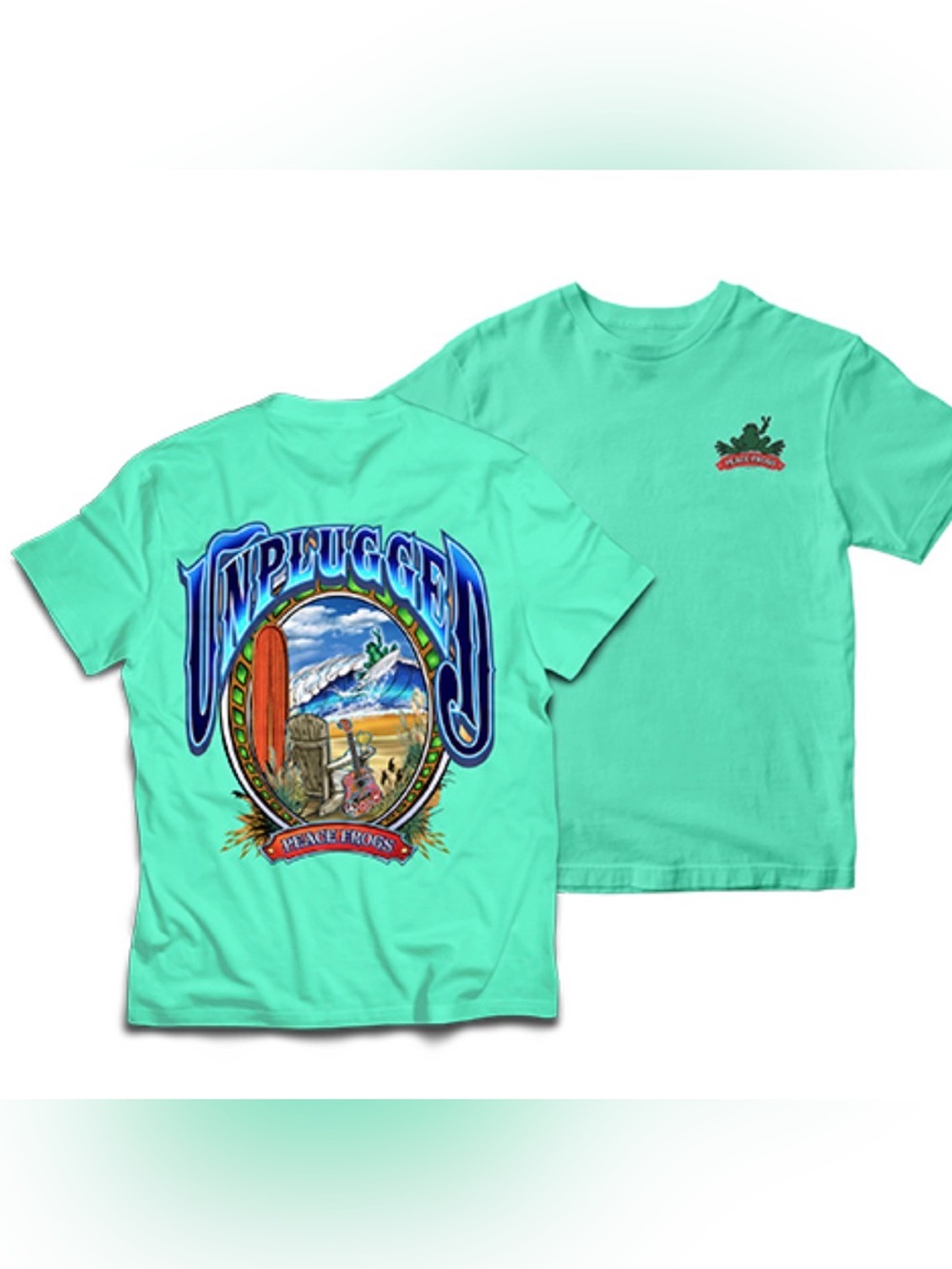 Peace Frogs Unplugged Light Seafoam Green T-shirt Unisex Sz Small 2 side graphic